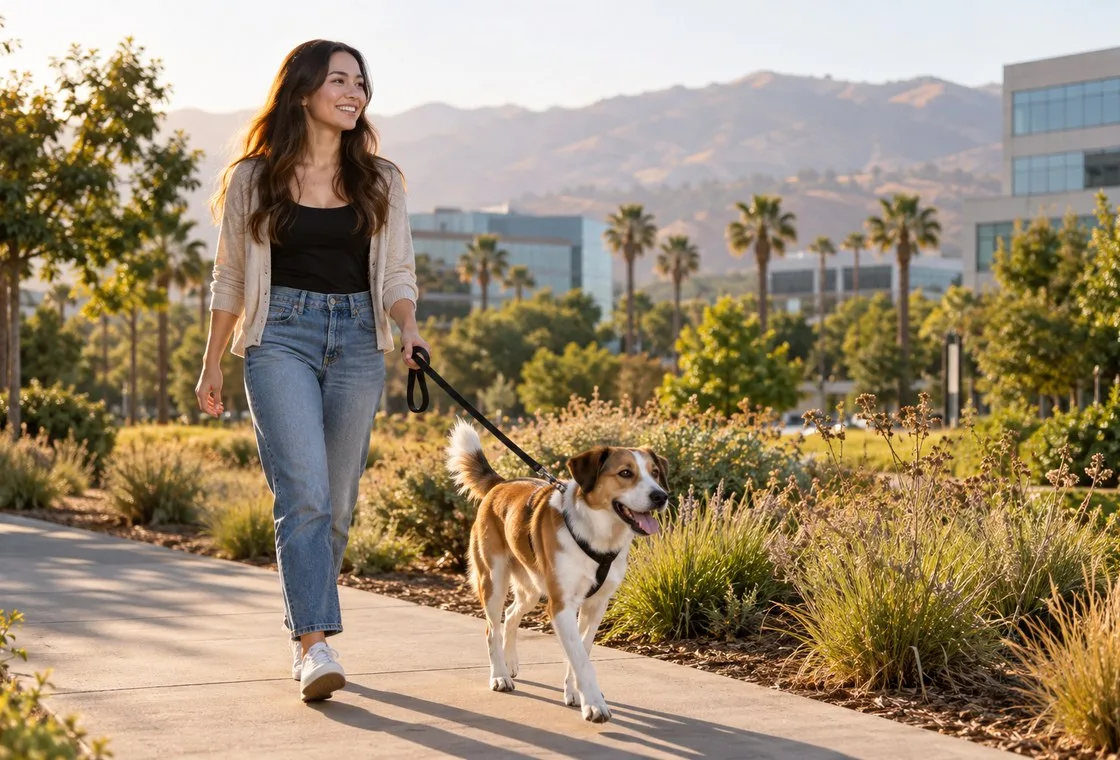 Owner walking a brown-and-white dog outdoors on a leash